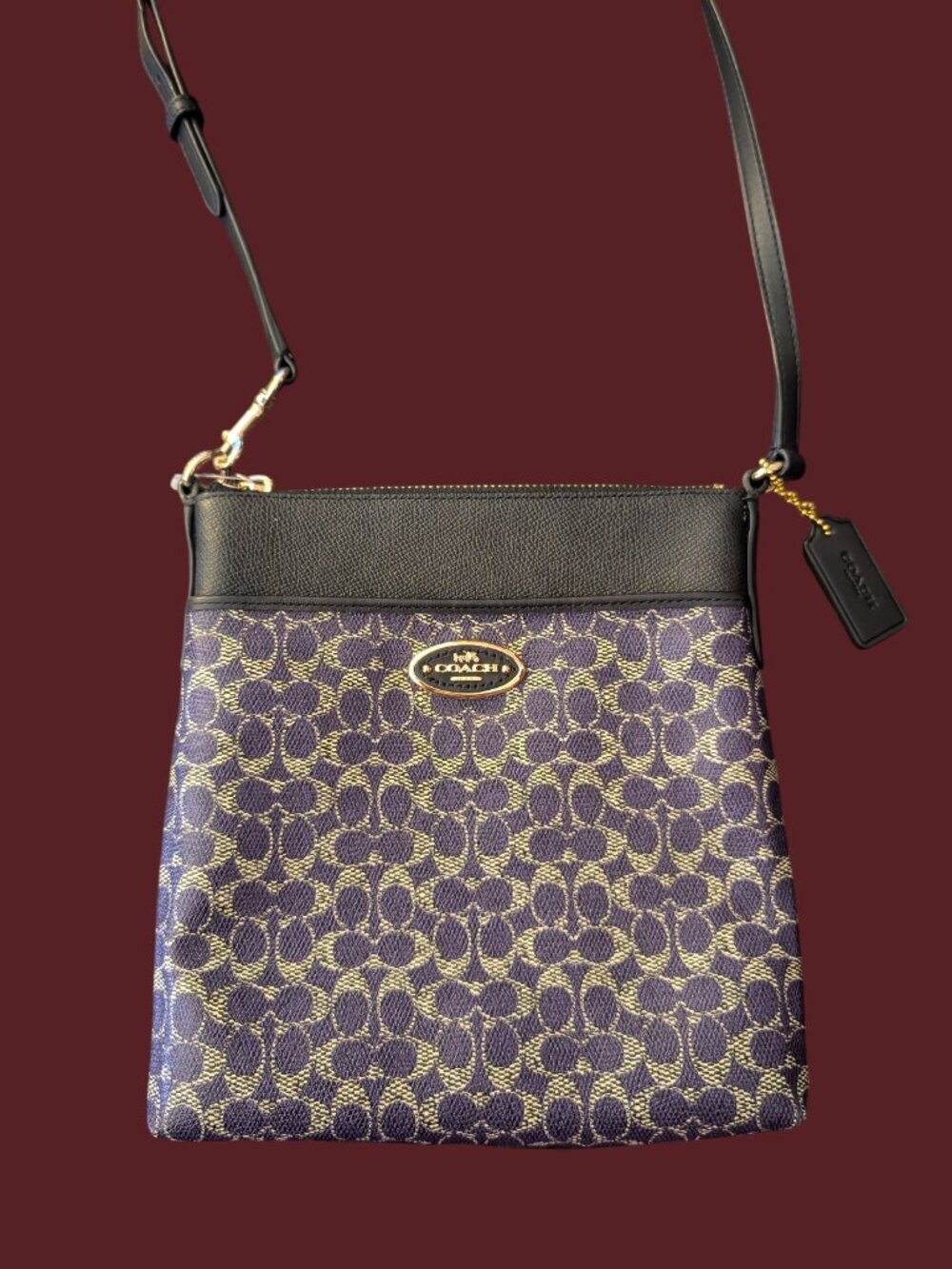 Coach Signature Purple And Black Leather Trim Coated Canvas Cross Body Purse - Picture 5 of 16